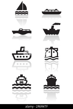 Ensemble vectoriel de différentes illustrations ou symboles de bateau. Tous les objets vectoriels sont isolés. Les couleurs et la couleur d'arrière-plan transparente sont faciles à régler. Illustration de Vecteur