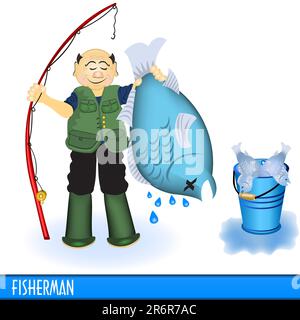 Illustration vectorielle d'un pêcheur tenant un gros poisson bleu. Illustration de Vecteur