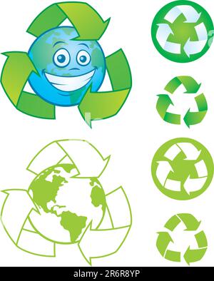 Vecteur planète Terre avec symbole de recyclage et plusieurs symboles et icônes de recyclage de vecteur. Grande mascotte ou logo pour passer au vert ou au recyclage. Illustration de Vecteur