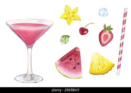 Verre à cocktail rose juteux frais ou Cosmopolitan alcoolique. Pastèque, fraise, citron, glace. Illustration de l'aquarelle dessinée à la main isolée sur l'eau blanche Banque D'Images