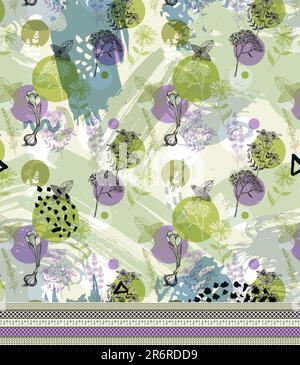 Sans couture géométrique style ethnique composition manuelle avec aquarelle fleurs roses, texture florale. Conception pour la couverture, le tissu, le textile, l'emballage Banque D'Images
