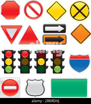 Ensemble de panneaux de signalisation et de symboles vectoriels. Idéal pour une utilisation sur des cartes ou pour transmettre des messages liés à la circulation. Un panneau stop, un panneau de rendement... Illustration de Vecteur