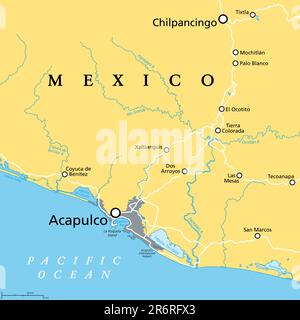 Acapulco et ses environs, carte politique. Acapulco de Juarez, ville et principal port d'escale dans l'État de Guerrero sur la côte Pacifique du Mexique. Banque D'Images