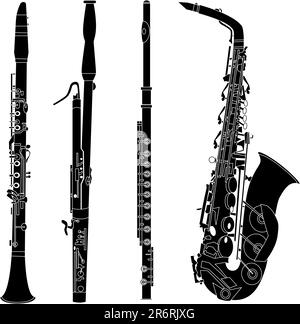 Instruments de musique à vent de bois avec silhouette vectorielle détaillée Illustration de Vecteur