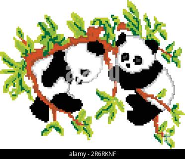Pandas reposant sur un arbre basé sur des images de pixels Illustration de Vecteur