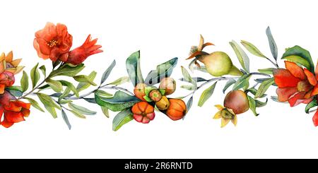 Fleurs de grenade, fruits sur branches aquarelle horizontale sans couture bannière. Illustration botanique pour Rosh Hashanah Banque D'Images