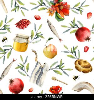 Rosh hashanah aquarelle sans couture motif sur blanc pour les motifs d'emballage et de salutation de cadeau du nouvel an juif Banque D'Images