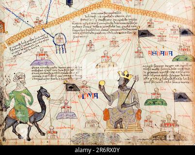 Détail d'un Atlas catalan montrant une carte du Sahara occidental et de Mansa Musa (1280-1337), neuvième souverain de l'Empire malien (vers 1312-1337), carte d'Abraham Cresques, 1375 Banque D'Images