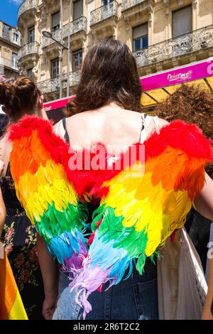 Une personne de derrière avec des ailes multicolores. PRIDE Toulouse, la Marche de la fierté de Toulouse 28th, pour marquer le 10th anniversaire de la loi « le pays pour tous ». France, Toulouse le 10 juin 2023. Photo de Patricia Huchot-Boissier/ABACAPRESS.COM Banque D'Images