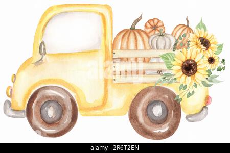Aquarelle chariot dessiné à la main avec citrouilles et bouquet de tournesol illustration, clipart de transport, clip art de camion Banque D'Images