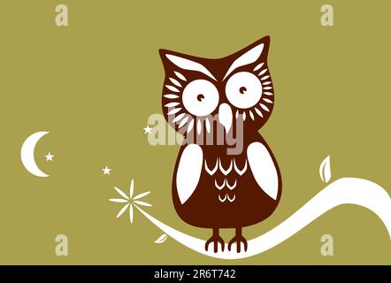 Hibou simple sur une branche sous le clair de lune. Illustration de Vecteur