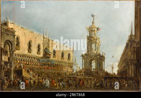 Le festival Giovedì Grasso en face du Palais Ducal de Venise. Musée : Musée du Louvre, Paris. Auteur: FRANCESCO GUARDI. Banque D'Images