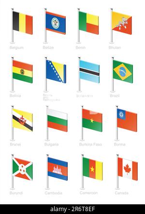 Belgique, Belize, Bénin, Bhoutan, Bolivie, Bosnie-Herzégovine, Botswana, Brésil, Brunei, Bulgarie, Burkina Faso, Birmanie, Burundi, Cambodge, Cameroun... Illustration de Vecteur