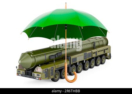 Missile Scud, système mobile de missiles balistiques de courte portée sous parapluie. 3D rendu isolé sur fond blanc Banque D'Images