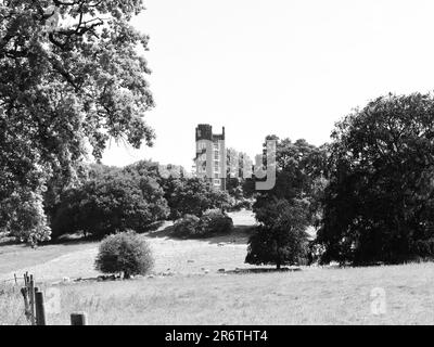 Freston, Ipswich, Suffolk - 11 juin 2023 : Freston Tower, hébergement de six étages avec vue imprenable sur la rivière Orwell. Image mono. Banque D'Images