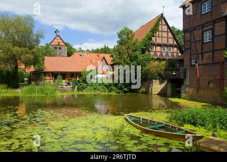 Monastère étang, Wienhausen, celle, Basse-Saxe, Allemagne, Moulin à eau, St. Clocher de Mary Banque D'Images