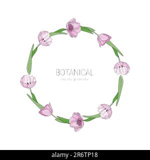 Cadre floral vectoriel dessiné à la main avec des fleurs roses tulipes, branches et feuilles. Modèle de logo élégant. Illustration de Vecteur
