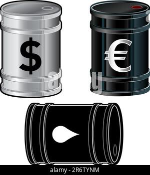 Ensemble d'icônes de baril d'huile. Les illustrations vectorielles incluent des tambours à carburant en acier inoxydable et des noirs brillants et mats. Les icônes incluent la goutte d'huile, euro et d... Illustration de Vecteur