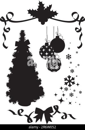 ensemble de silhouettes de noël / vecteur / arbre, houx, flocons de neige, boules, ruban Illustration de Vecteur
