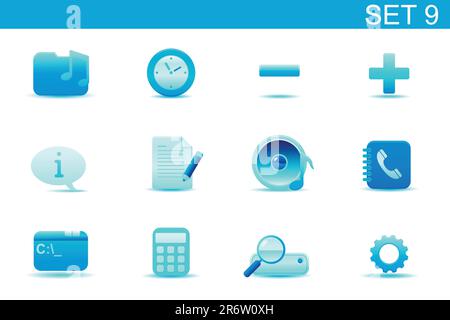 Illustration vectorielle ? ensemble d'icônes simples et élégantes bleues pour les fonctions courantes des ordinateurs et des périphériques multimédia. Set-9 Illustration de Vecteur