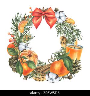 Mandarines à l'arc, coton, branches et cônes de pin, bonbons, bougies et épices. Illustration aquarelle dessinée à la main pour le décor de Noël. Couronne ronde Banque D'Images