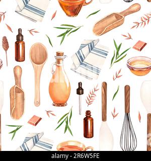 Aquarelle sans couture modèle ustensiles cuisine: Cuillère, écologique, thé, outils en bois, zéro perte vie style maison. Illustration sur fond blanc. Banque D'Images