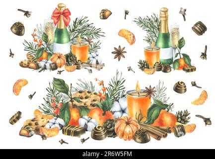 Décoration de Noël, mandarines, champagne. bonbons et branches de pin. Illustration aquarelle, dessinée à la main pour les félicitations et les vacances. Un ensemble Banque D'Images