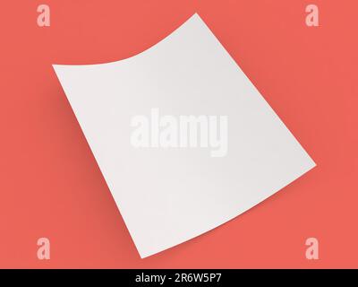 Feuille incurvée de papier A4 sur fond rouge. 3d rendu de l'illustration. Banque D'Images