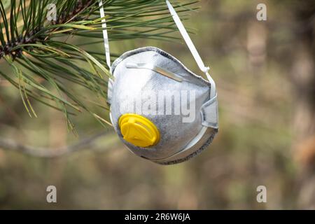 Masque médical accroché aux branches d'un arbre de Noël dans une forêt Banque D'Images