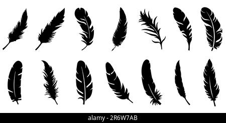 Icônes de plumes. Ensemble d'icônes de plumes noires isolées sur fond blanc. Silhouettes en plumes. Illustration vectorielle Illustration de Vecteur