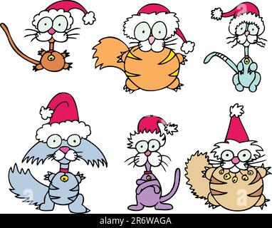 Lot de 6 chats de Noël à dessin animé. Illustration de Vecteur