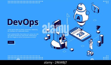 Page d'accueil isométrique DevOps, les spécialistes du développement et de l'exploitation travaillent en collaboration. à l'énorme robot ai, graphique à secteurs et calendrier. Automatisation cycles Software construction 3D vecteur ligne art bannière web Illustration de Vecteur