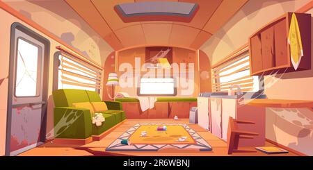 Vieux intérieur sale de la cabine de camping avec des meubles cassés. Dessin animé vectoriel d'une fourgonnette de camping abandonnée avec mess, fissure dans le sol, canapé déchiré, détritus et toile de toile. Vider la salle de séjour dans le wagon-remorque Illustration de Vecteur