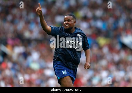 Le Chunkz d'Angleterre célèbre un but dans le bras avant l'aide au football pour l'UNICEF 2023 à Old Trafford, Manchester. Date de la photo: Dimanche 11 juin 2023. Banque D'Images