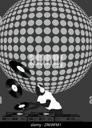 Silhouette d'un dj jouant des disques sous une boule disco Illustration de Vecteur