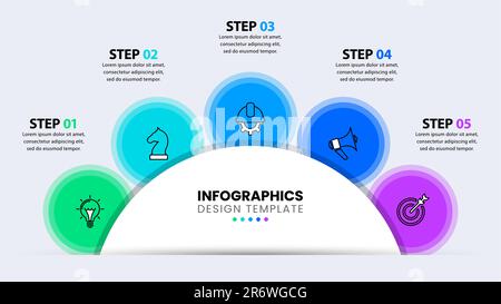 Modèle d'infographie avec icônes et 5 options ou étapes. Cercle. Peut être utilisé pour la mise en page de flux de travail, le diagramme, la bannière, la conception Web. Illustration vectorielle Illustration de Vecteur