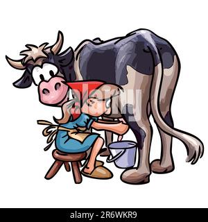 une paysanne laiteuse vache - illustration de dessin animé, isolée sur fond blanc Illustration de Vecteur