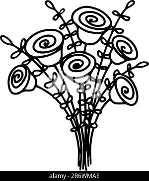 Une main tenant un bouquet de fleurs de ranunculus et de roses. Illustration vectorielle fleuriste pour la carte, la célébration de mariage. Illustration de Vecteur