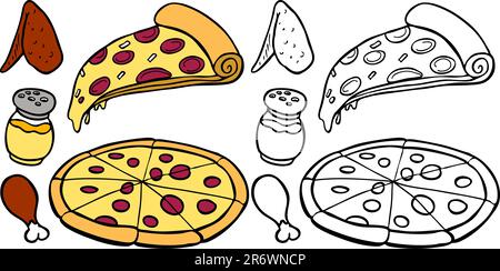 Cartoon image d'une variété de pizzas et de produits alimentaires - les deux ailes et la couleur noir / blanc versions. Illustration de Vecteur