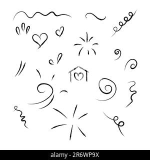 Dessin à la main, scénario, ensemble de scénarios différents. Éléments dessinés à la main isolés sur fond blanc. Illustration de Vecteur