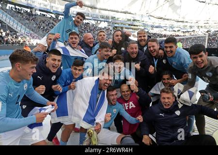 La Plata, Argentine. 11th juin 2023. Les joueurs et les assistants d'Israël célèbrent après avoir vaincu la République de Corée d'ici 3-1 et obtiennent la troisième place lors de la coupe du monde de la FIFA U-20 Argentine 2023 match de football entre Israël et la République de Corée au stade Diego Armando Maradona à la Plata, Argentine sur 11 juin 2023. Crédit: Alejandro Pagni/Alay Live News Banque D'Images