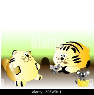 Les chats de la maison de vie ne sont absolument pas semblables à la vie de la cour, avec le temps ils deviennent gras et pas agile et un peu de souris ne coûte pas n'importe où... Illustration de Vecteur