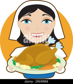 Pilgrim est une femme tenant un grand la Turquie sur un plateau Illustration de Vecteur