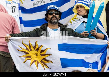 Uruguay fans avant le match final de la coupe du monde de la Fifa U20 Uruguay U20 contre Italie U20 au stade de la Plata, Tolosa, Argentine, 11th juin 2023 (photo de Mateo Occhi/News Images) Banque D'Images