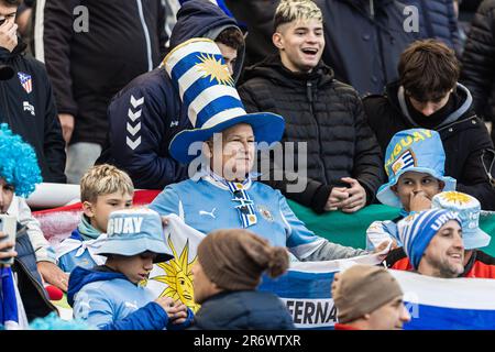 Uruguay fans avant le match final de la coupe du monde de la Fifa U20 Uruguay U20 contre Italie U20 au stade de la Plata, Tolosa, Argentine, 11th juin 2023 (photo de Mateo Occhi/News Images) Banque D'Images