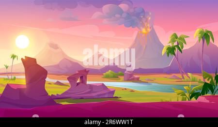Éruption volcanique avec coulées de lave et nuages de fumée. Dessin animé vectoriel paysage d'été de montagne avec cratère fumeur et magma liquide, rochers, rivière, plantes tropicales et palmiers Illustration de Vecteur