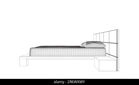 Dessin filaire d'un lit double. Mobilier de luxe moderne et confortable pour la chambre. Élément filaire d'un lit de couchage avec oreillers de lignes noires isolées Illustration de Vecteur