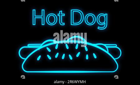 hot dog sur fond noir, néon, illustration vectorielle. sandwich à la saucisse, petit pain farci et appétissant. néon avec inscription hot dog en bleu. lumineux Illustration de Vecteur