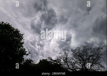 Birmingham 11th juin 2023 - Une grande tempête menaçante a envahi la ville de Birmingham dimanche après-midi. Un immense plateau de nuages pourrait être vu comme le squal a fait son entrée le 11 juin 2023. Un chaudron bouillant a commencé à se former sous le nuage avec un ramassage de vent, un signe d'une tempête imminente. De fortes pluies et des éclairs ont rapidement suivi avec un grondement de tonnerre aussi. L'Angleterre a vu des températures élevées au cours du week-end avec des orages ramenant les températures à la normale. Crédit : Stop Press Media/Alay Live News Banque D'Images