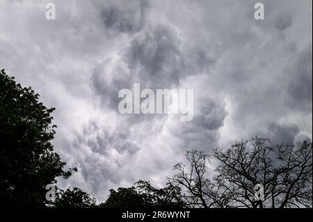 Birmingham 11th juin 2023 - Une grande tempête menaçante a envahi la ville de Birmingham dimanche après-midi. Un immense plateau de nuages pourrait être vu comme le squal a fait son entrée le 11 juin 2023. Un chaudron bouillant a commencé à se former sous le nuage avec un ramassage de vent, un signe d'une tempête imminente. De fortes pluies et des éclairs ont rapidement suivi avec un grondement de tonnerre aussi. L'Angleterre a vu des températures élevées au cours du week-end avec des orages ramenant les températures à la normale. Crédit : Stop Press Media/Alay Live News Banque D'Images